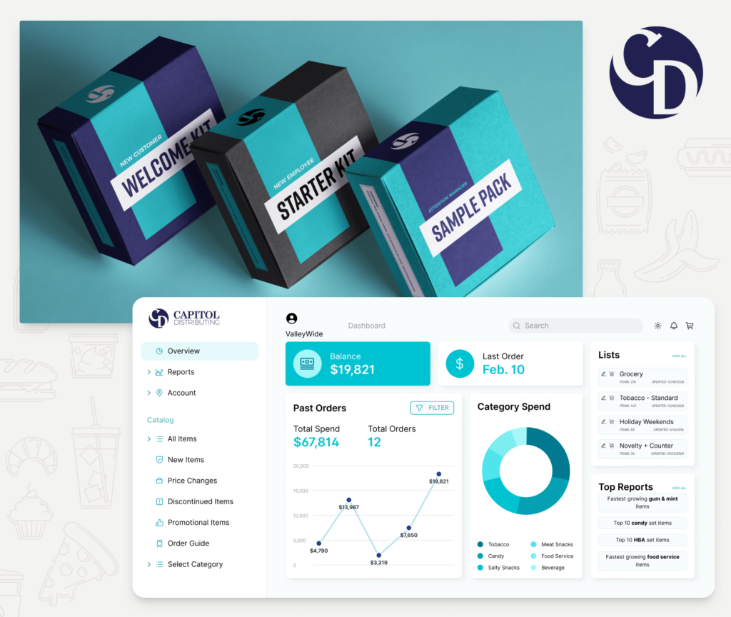 An image showing a customer product dashboard and a selection of product boxes.