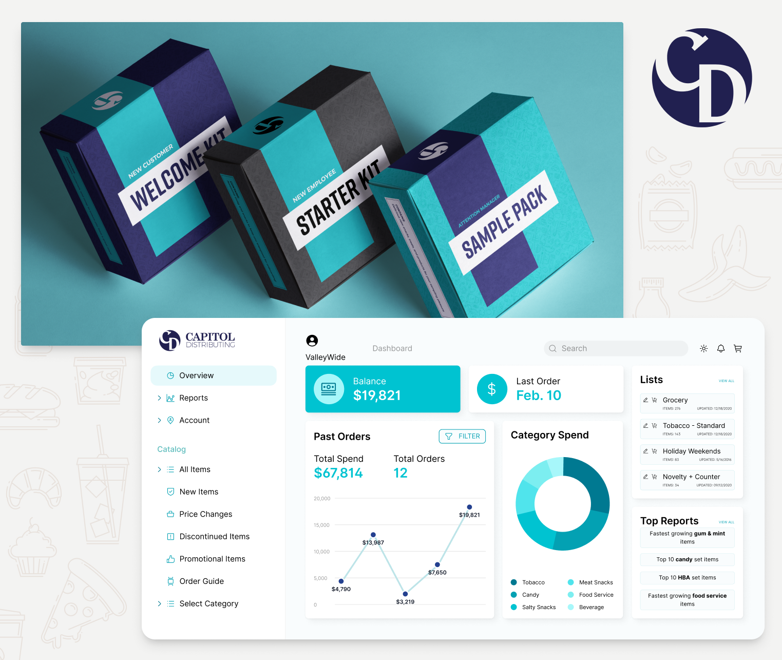 An image showing a customer product dashboard and a selection of product boxes.